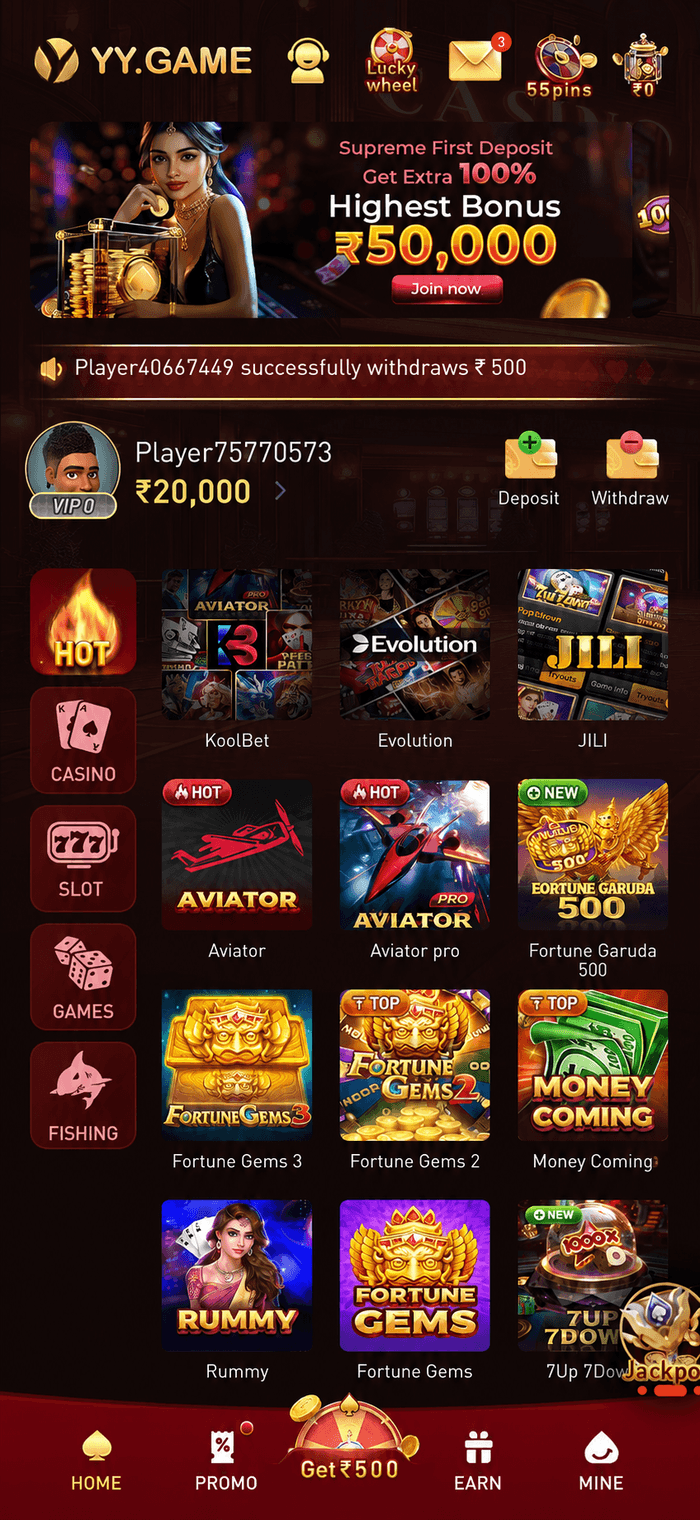 YY Game app home screen showing the deposit bonus banner, casino lobby and featured games