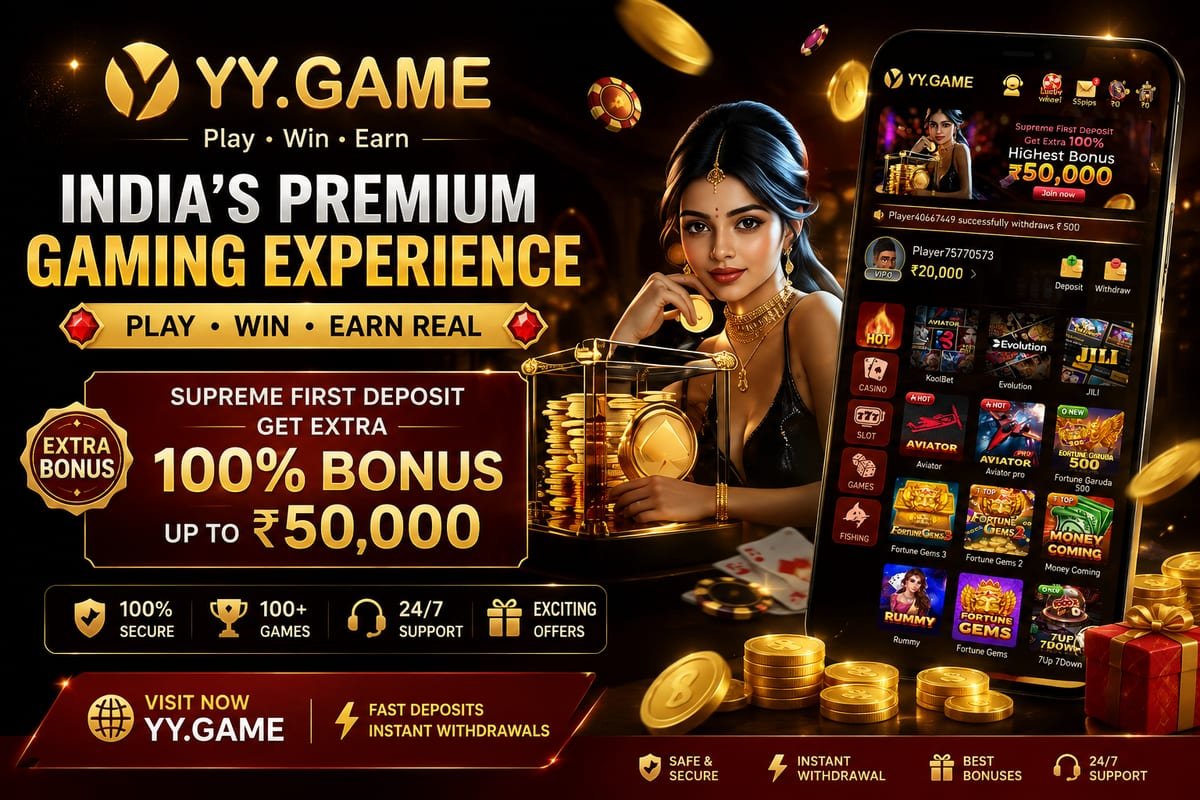 YY Game promotional banner — India's premium gaming experience with a 100% first-deposit bonus up to ₹50,000, 100+ games, 24/7 support and instant withdrawals
